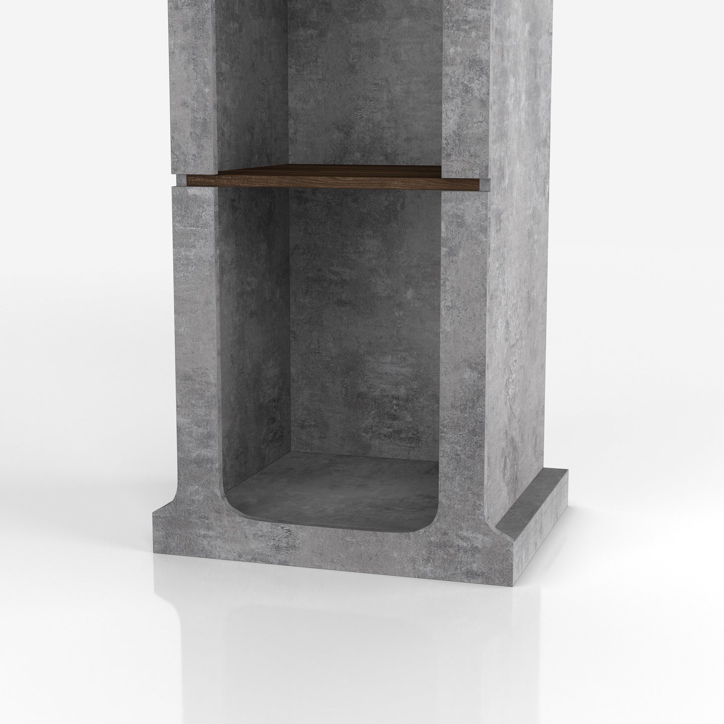 Left angled lower shelf close-up view of an industrial cement and wood four-shelf media tower on a white background