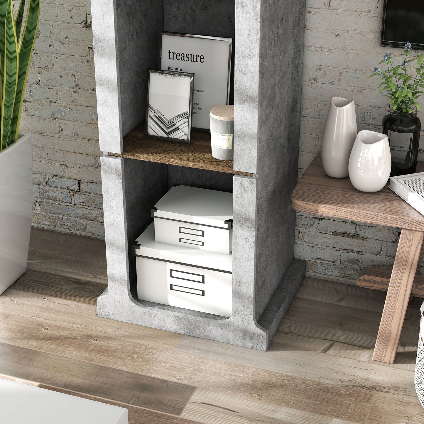 Left angled lower shelf close-up view of an industrial cement and wood four-shelf media tower in a living room with accessories