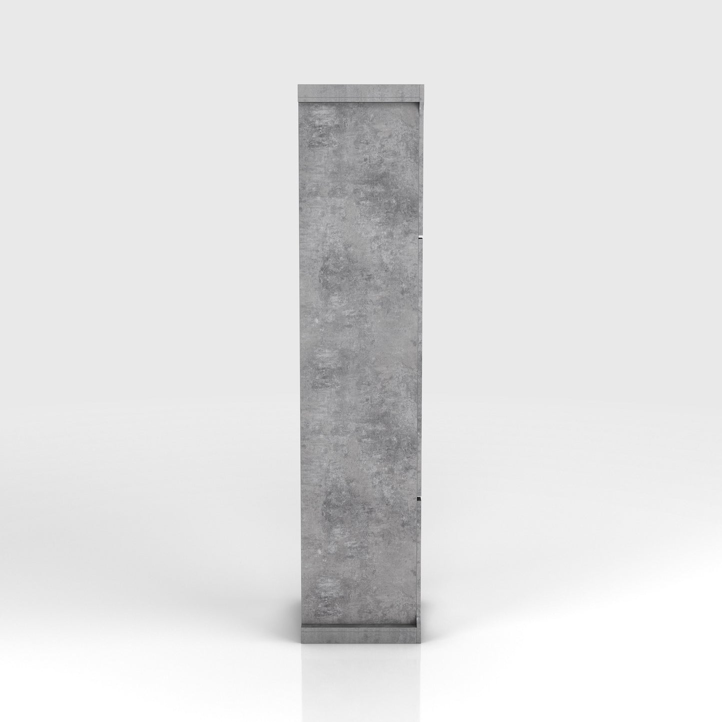 Front-facing side view of an industrial cement and wood four-shelf media tower on a white background