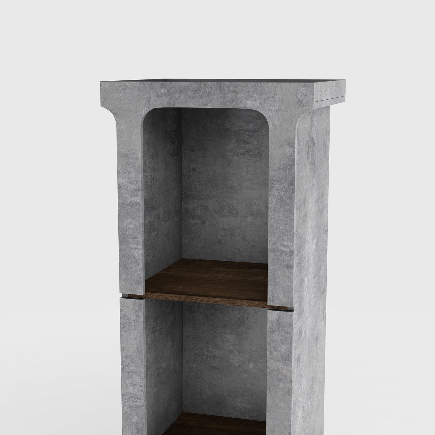 Left angled upper shelf close-up view of an industrial cement and wood four-shelf media tower on a white background