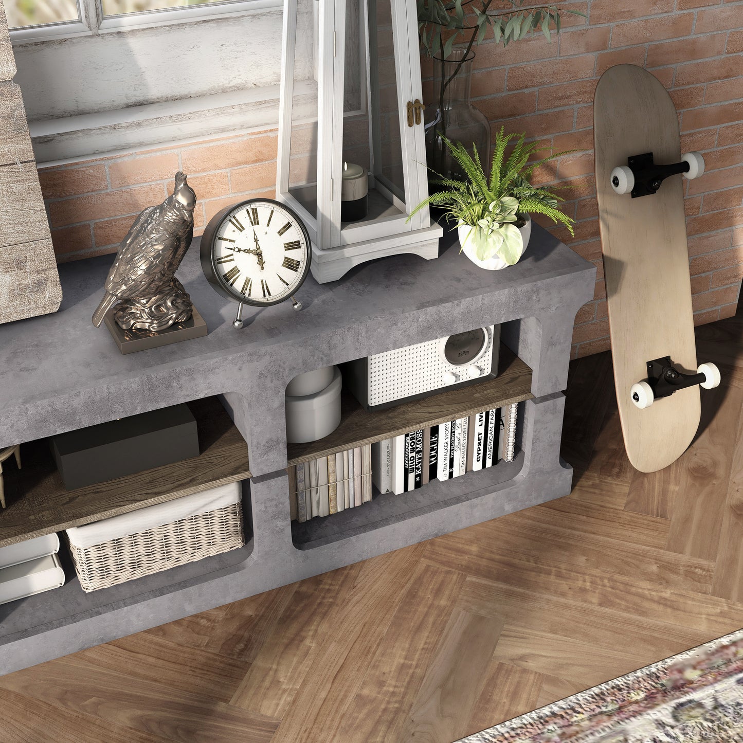 Right angled bird's eye close-up view of an industrial cement and wood six-shelf TV stand in a living area with accessories