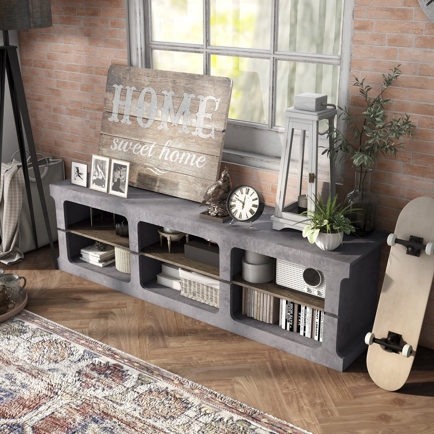 Left angled bird's view of an industrial cement and wood six-shelf TV stand in a living area with accessories