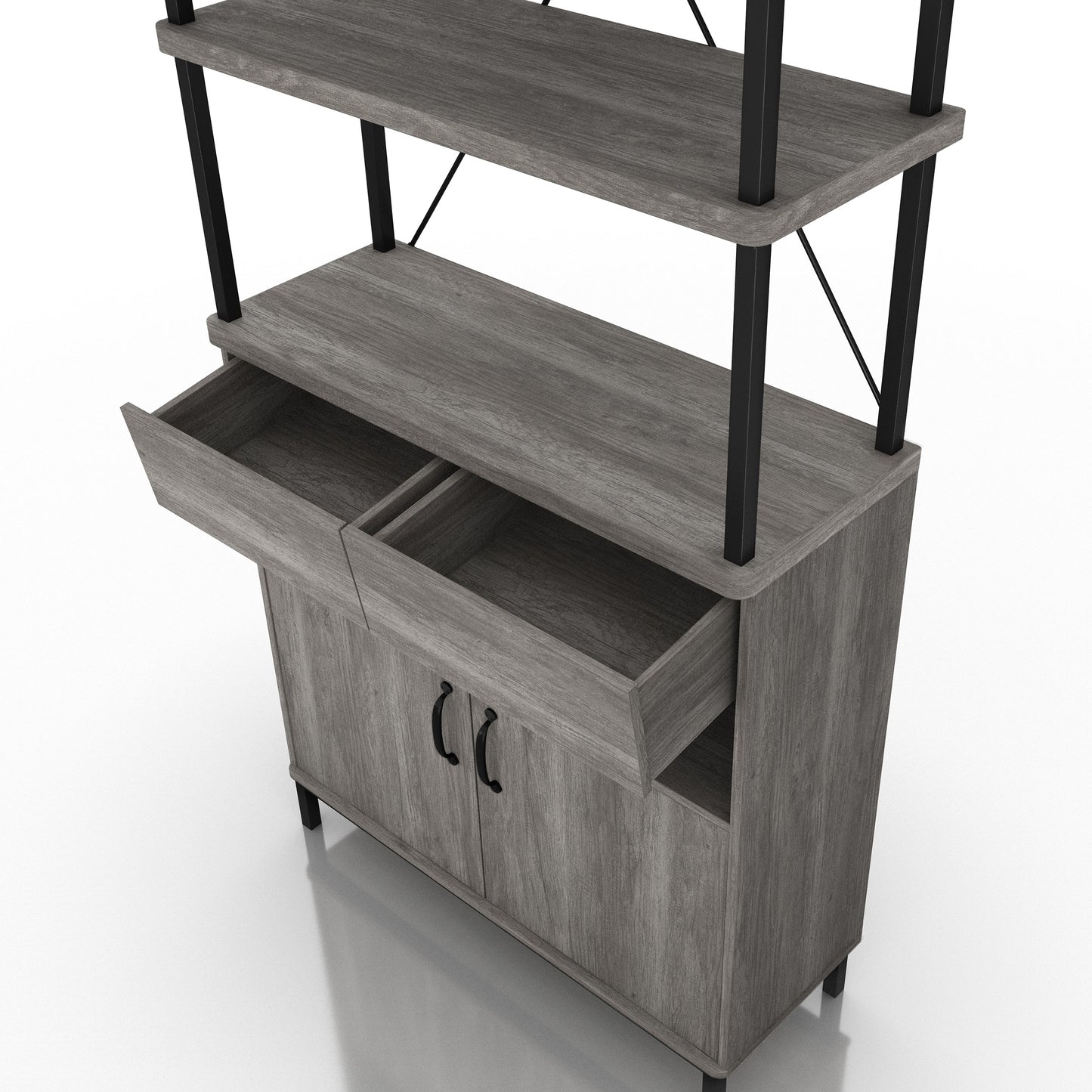 Left angled close-up view of a farmhouse vintage gray oak five-shelf two-drawer bookcase with lower cabinet and drawers open on a white background