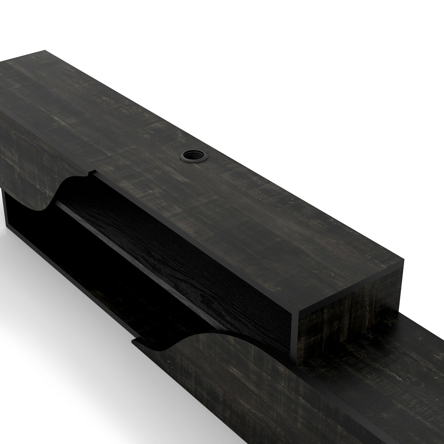 Left angled close-up view of a transitional reclaimed black two-shelf floating TV stand on a white background