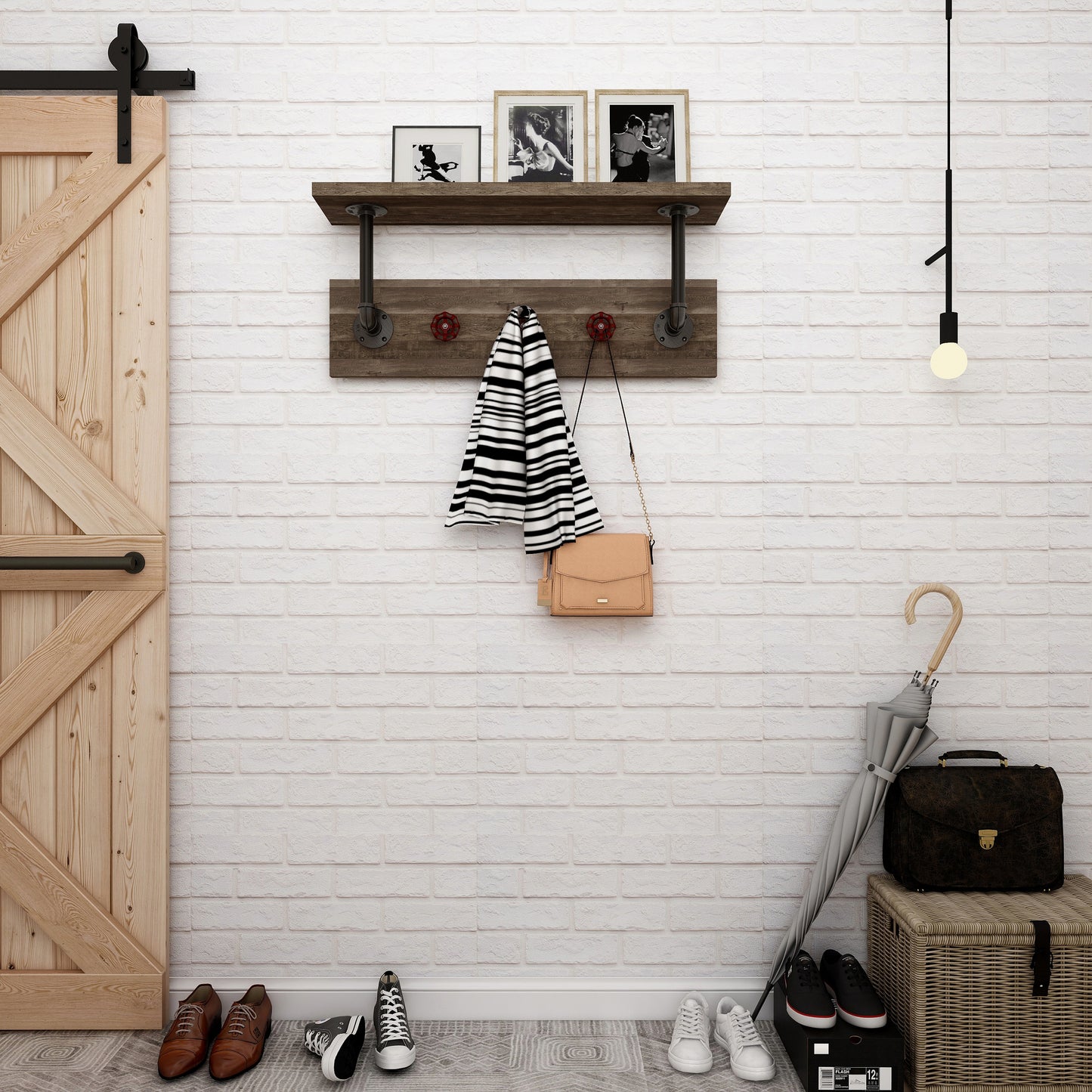 Front-facing industrial reclaimed oak and water pipe wall shelf with red valve hooks in an entry with accessories