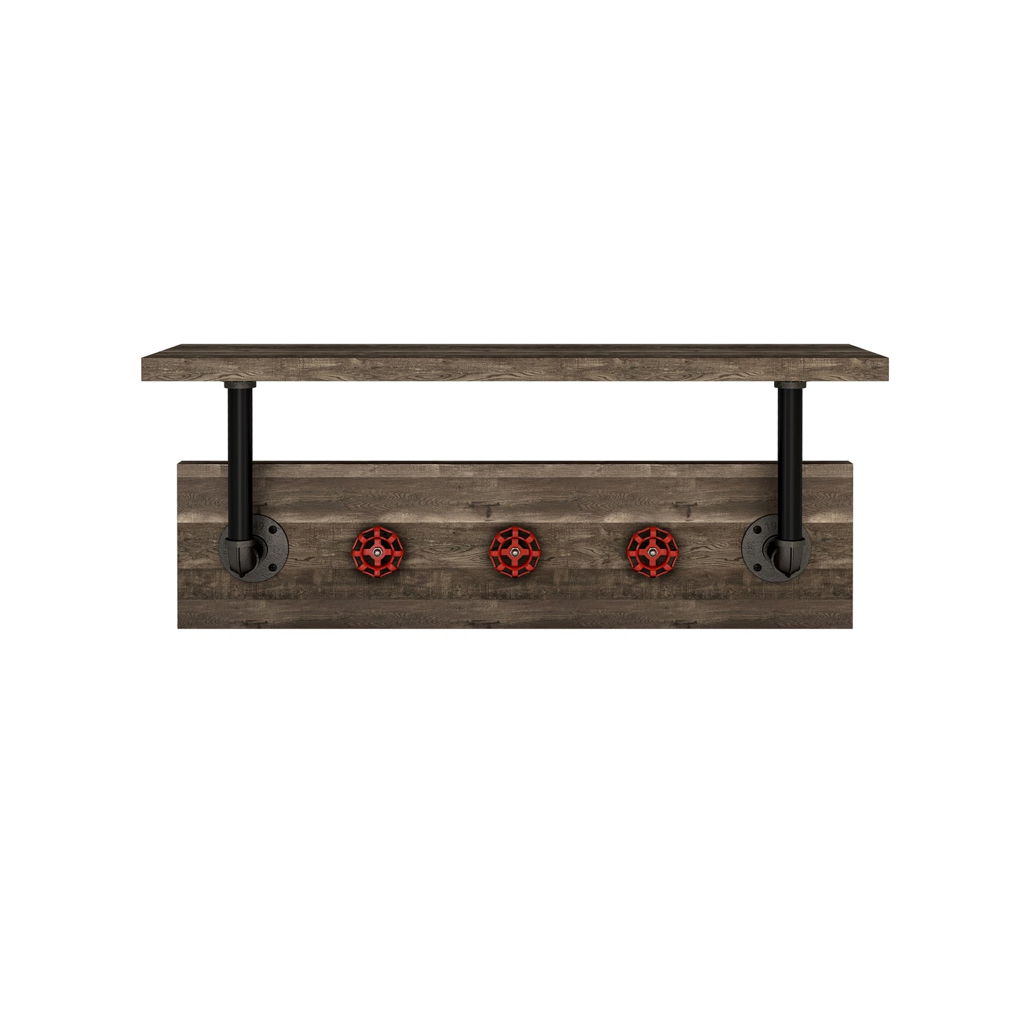 Front-facing industrial reclaimed oak and water pipe wall shelf with red valve hooks on a white background