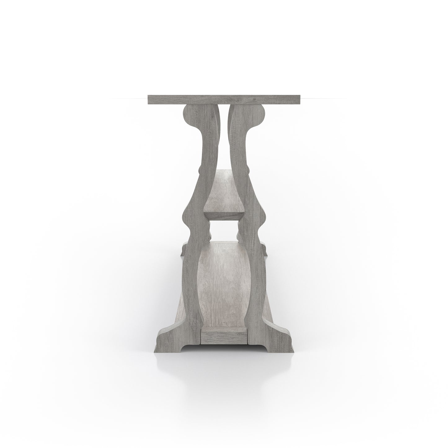 Front-facing side view of a farmhouse vintage gray oak sofa table with scroll legs on a white background