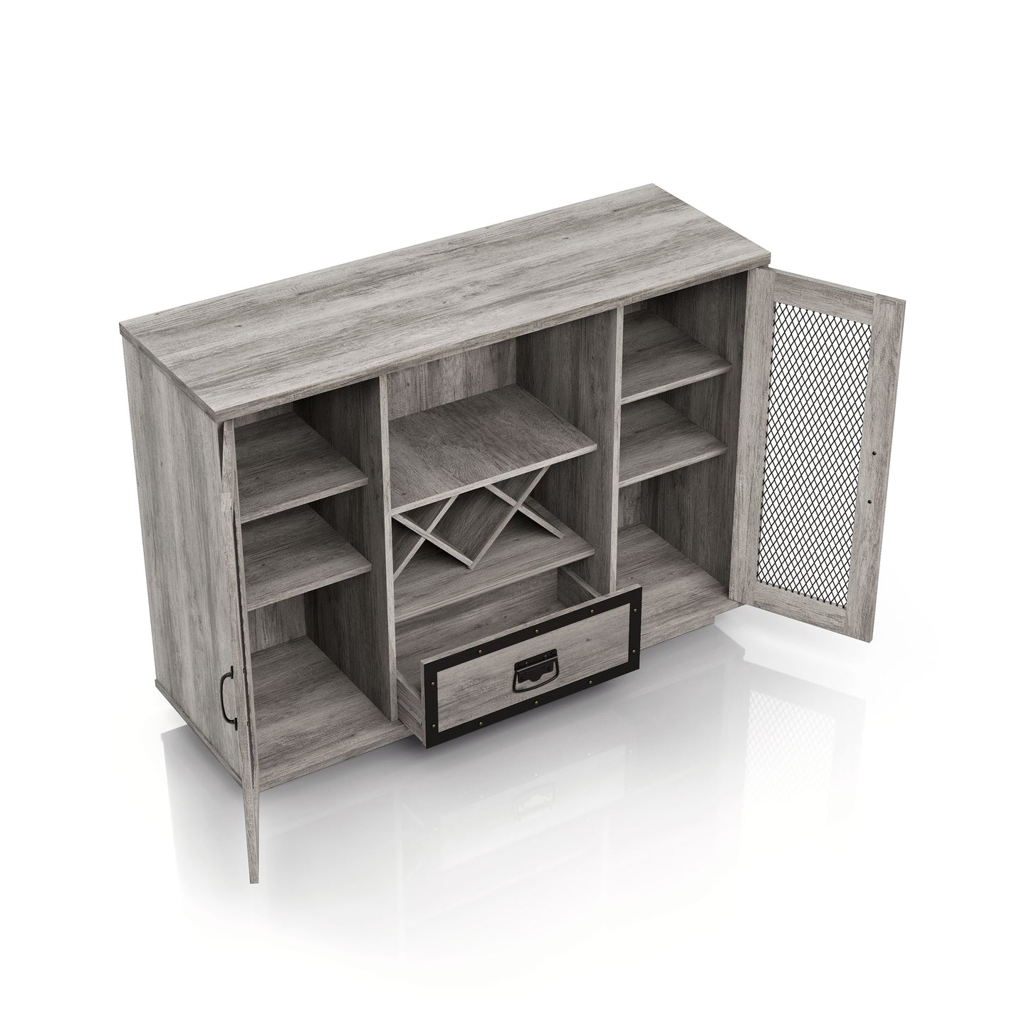 Right angled bird's eye view of a farmhouse vintage gray oak six-shelf wine storage buffet with black mesh doors open in a dining room with accessories