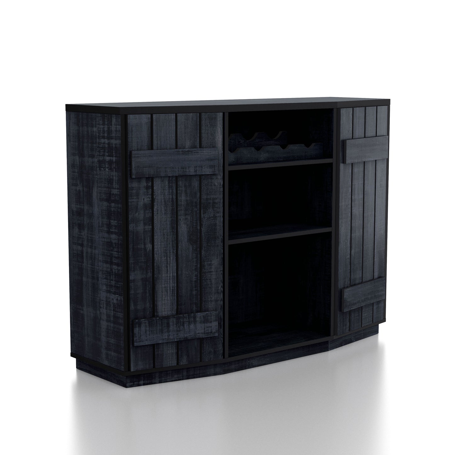 Right angled farmhouse rustic navy blue four-bottle buffet cabinet with two doors on a white background