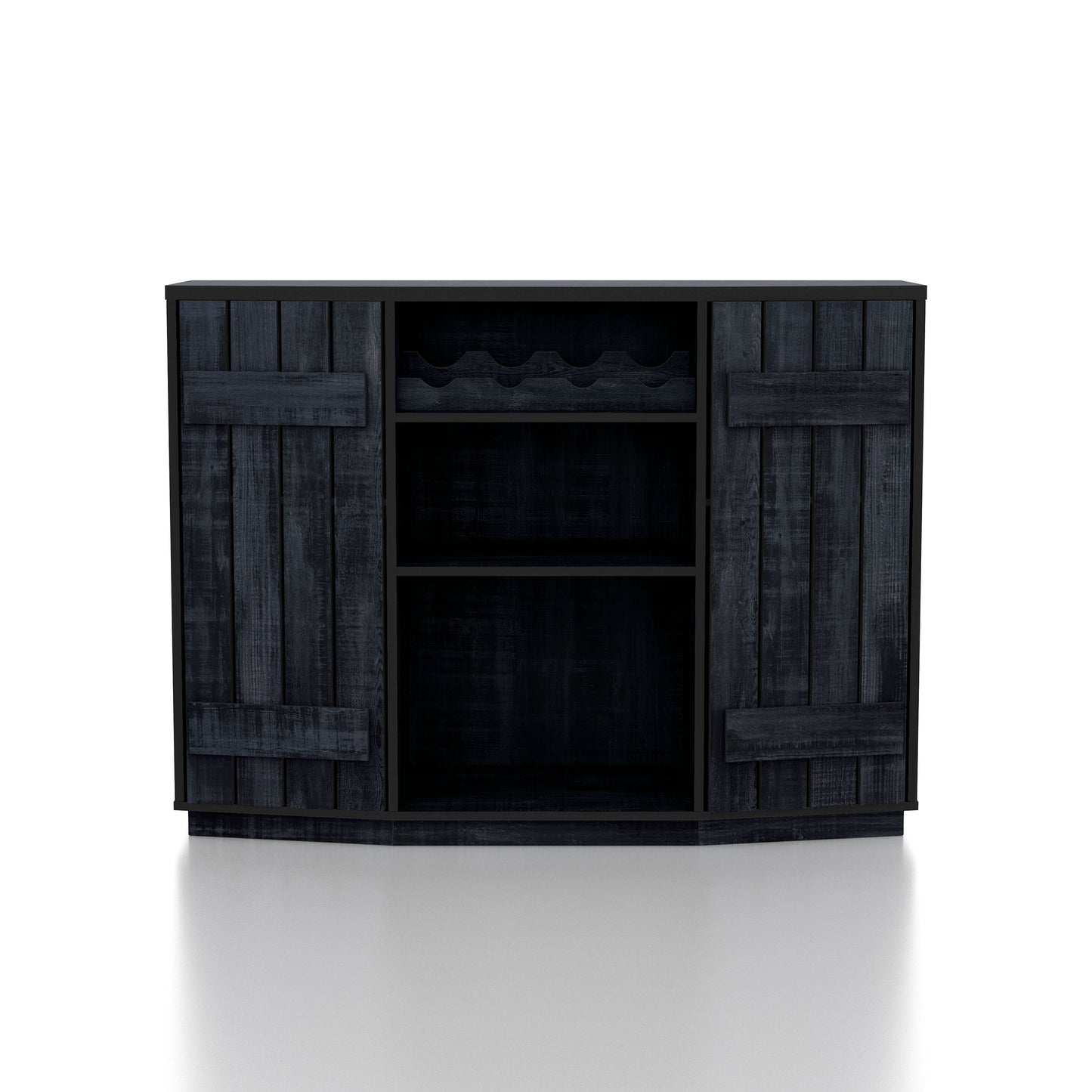 Front-facing farmhouse rustic navy blue four-bottle buffet cabinet with two doors on a white background