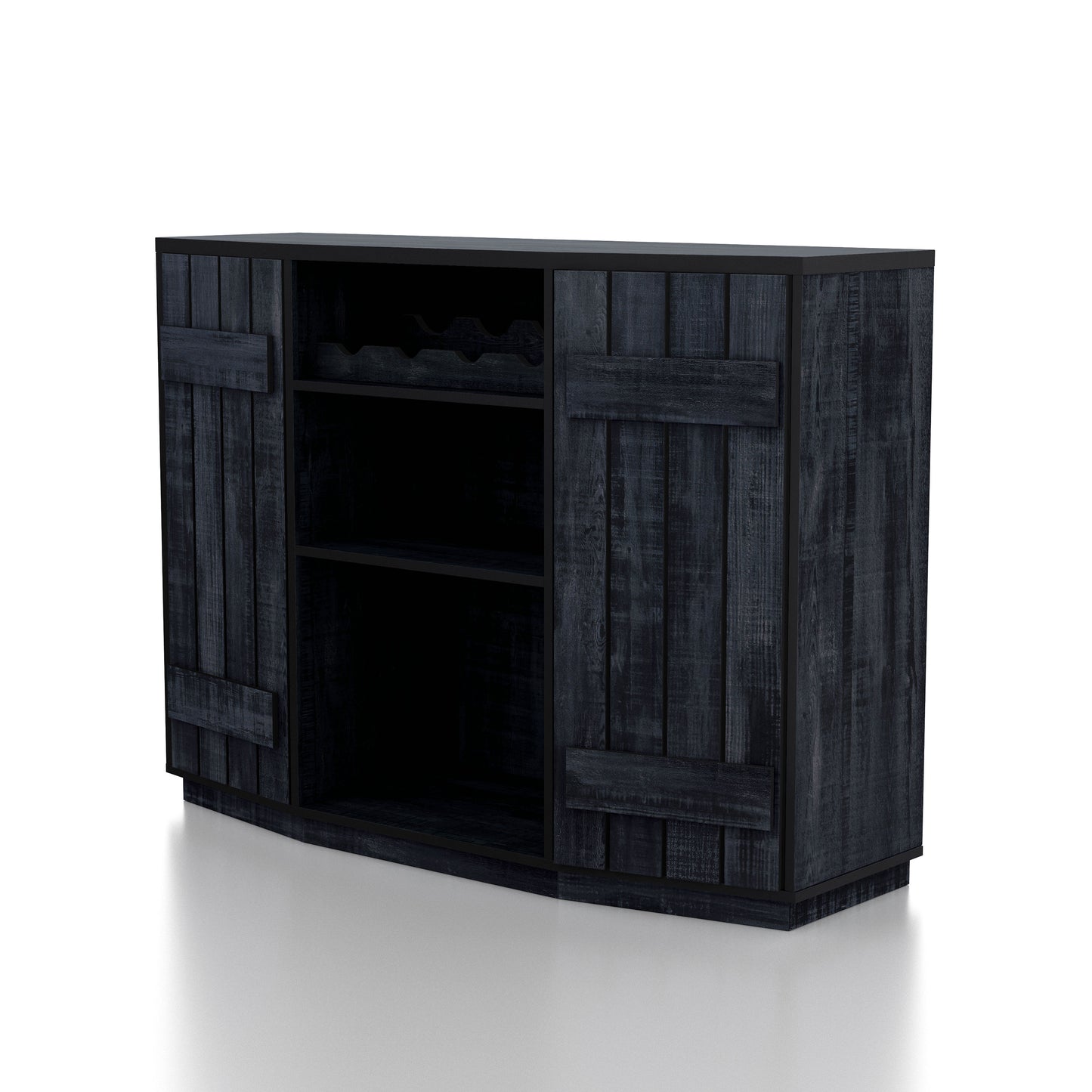 Left angled farmhouse rustic navy blue four-bottle buffet cabinet with two doors on a white background