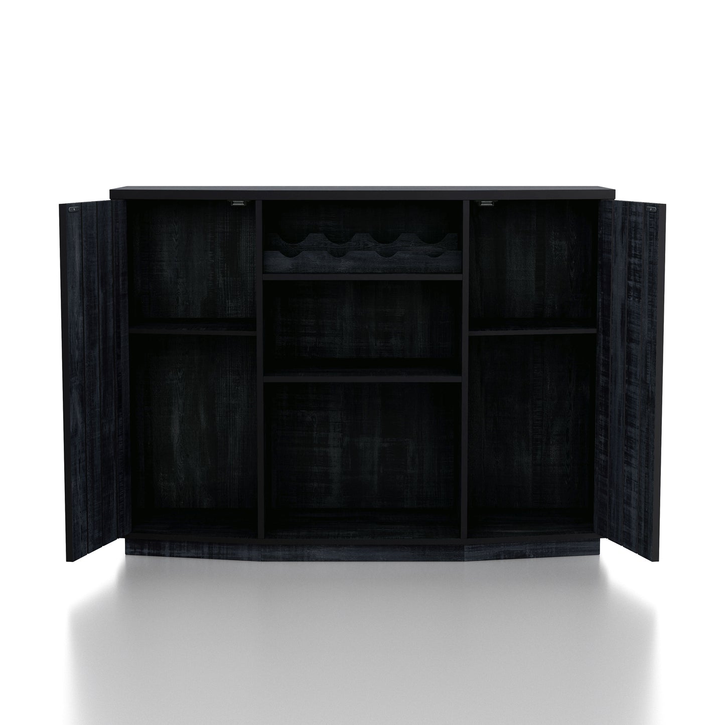 Front-facing farmhouse rustic navy blue four-bottle buffet cabinet with two doors open on a white background