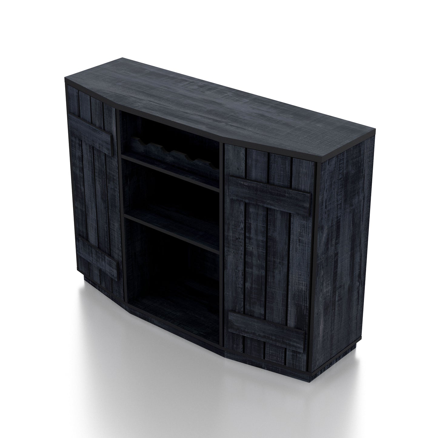 Left angled bird's eye view of a farmhouse rustic navy blue four-bottle buffet cabinet with two doors on a white background