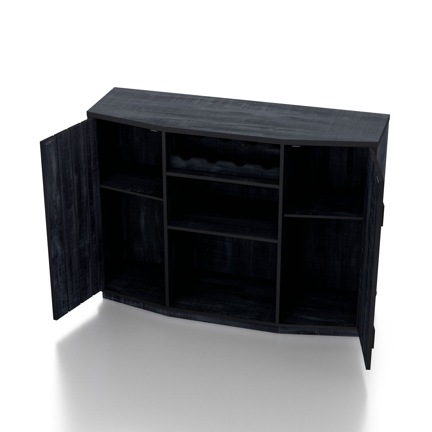 Left angled bird's eye view of a farmhouse rustic navy blue four-bottle buffet cabinet with two doors open on a white background