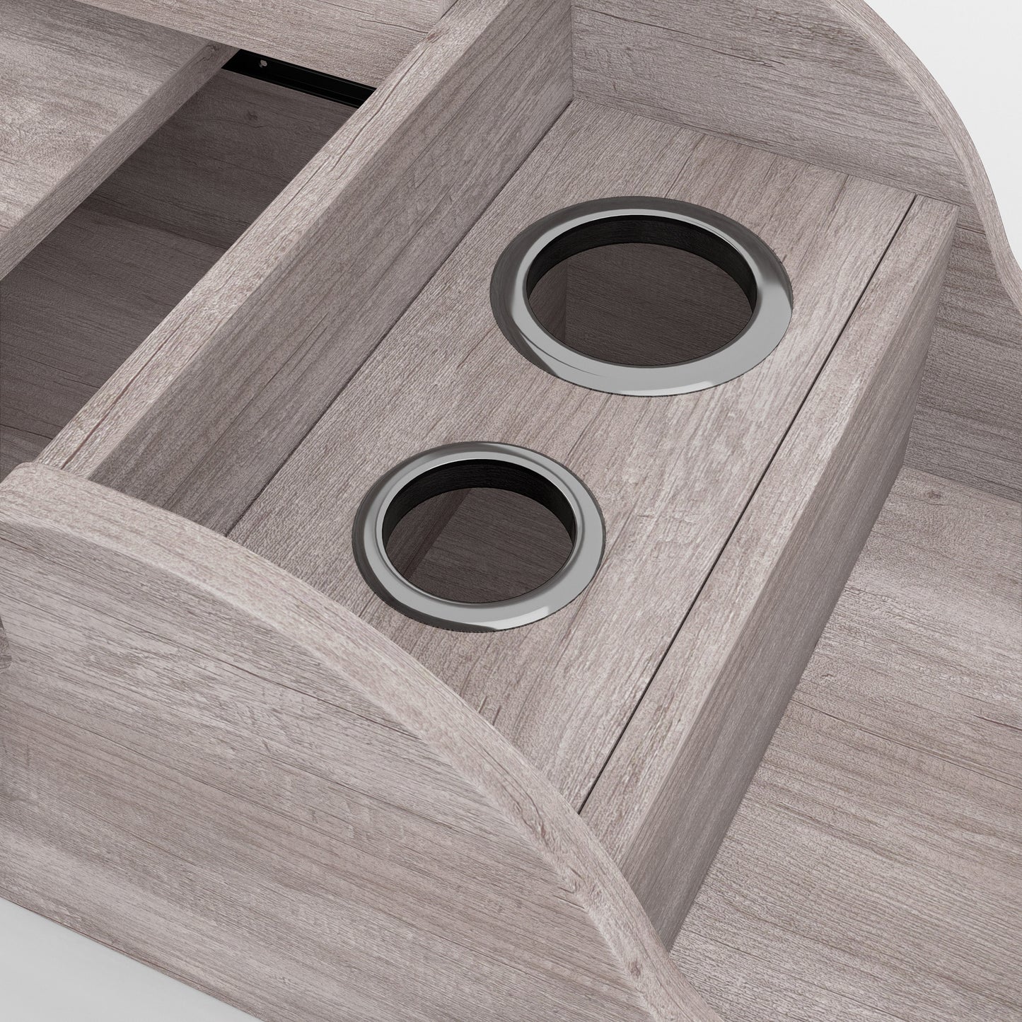 Left angled close-up side/grommet view of a contemporary coastal white flip-top wall mounted makeup vanity with hidden storage and top up on a white background