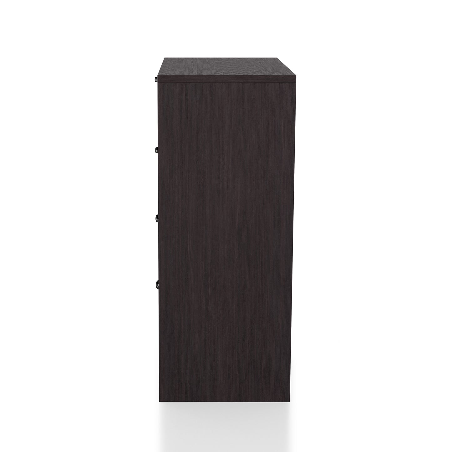 Front-facing side view of a bohemian espresso and rattan four-drawer mini chest cabinet on a white background