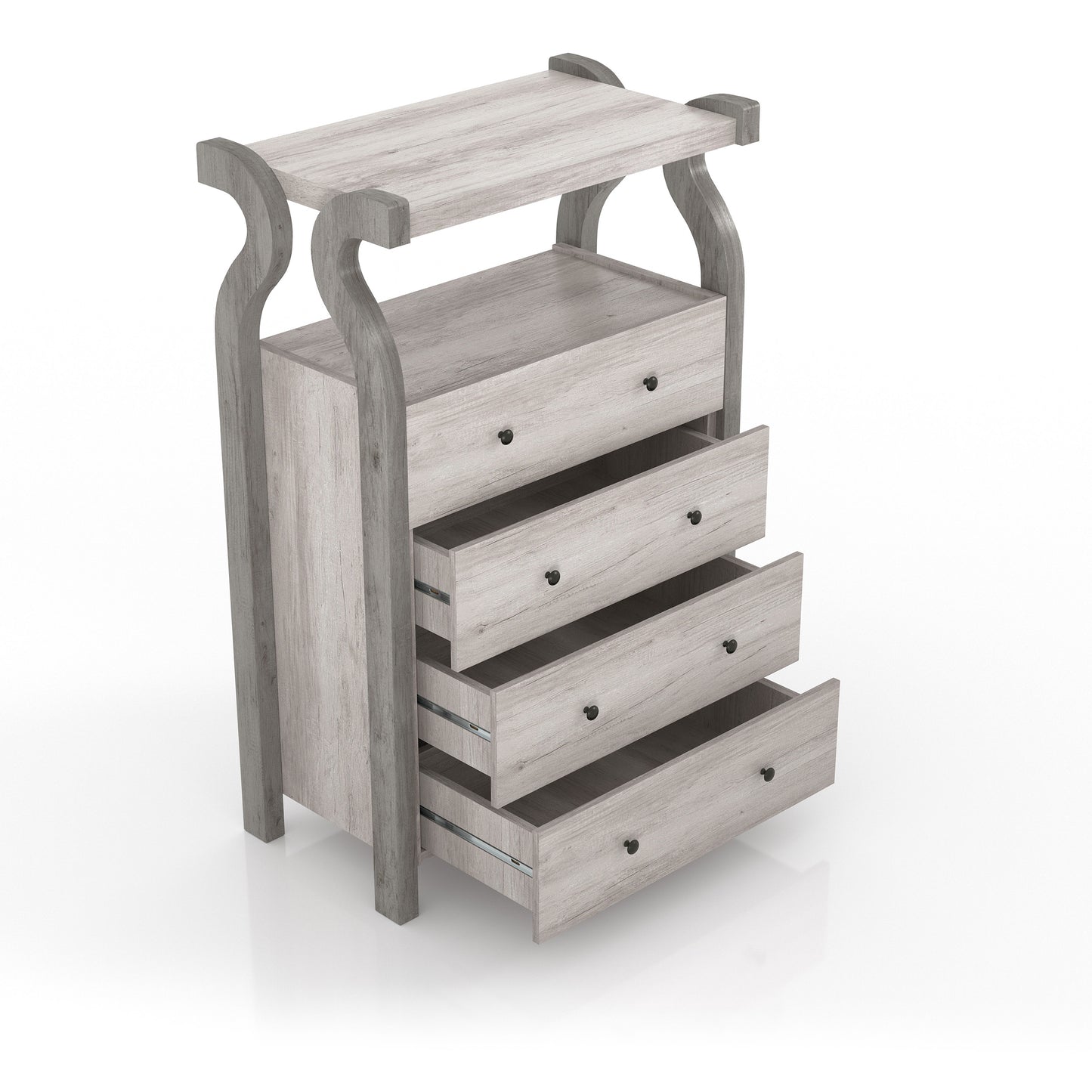 Right angled transitional coastal white four-drawer tall dresser with a shelf and three drawers open on a white background