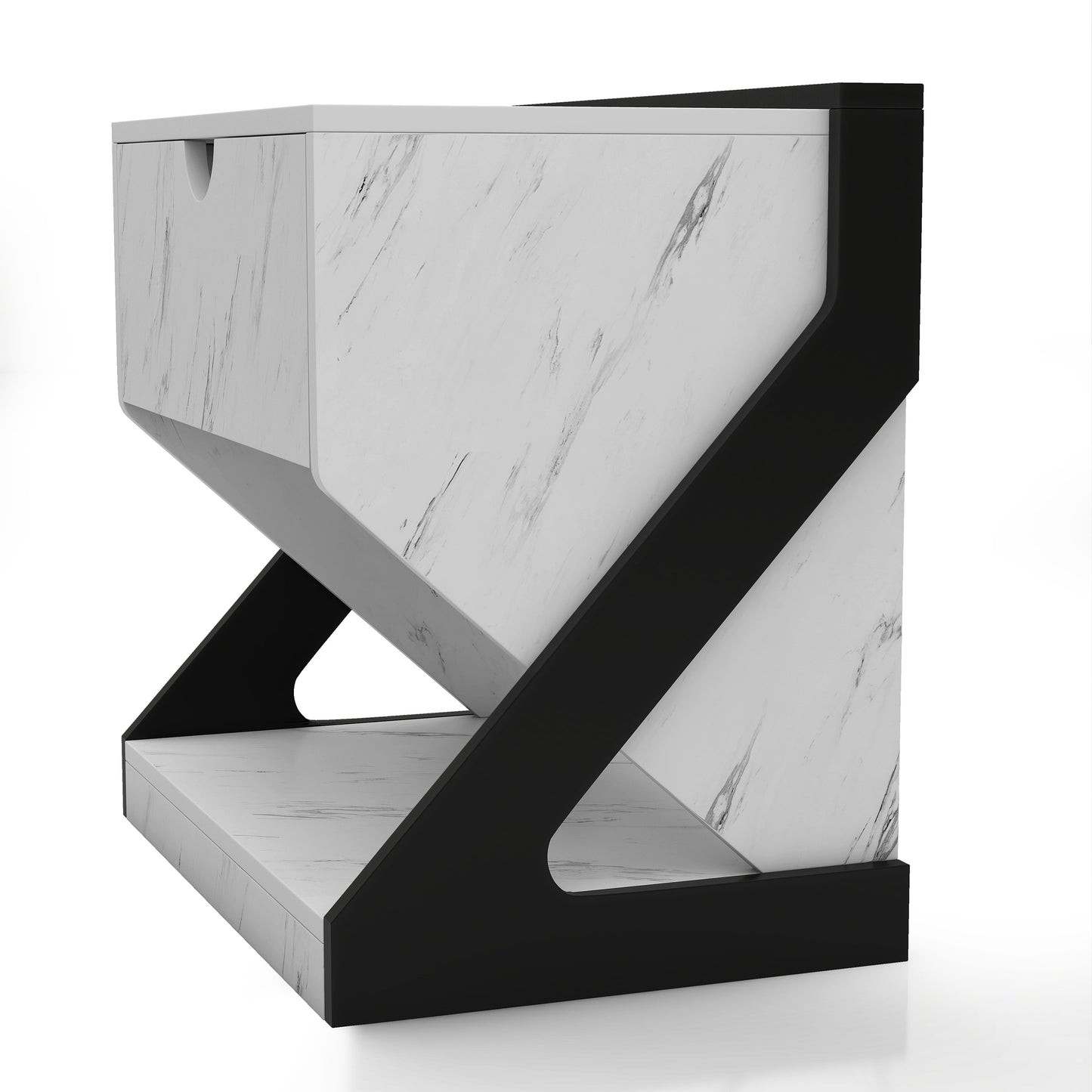 Left angled contemporary white faux marble one-drawer nightstand side table on a white background