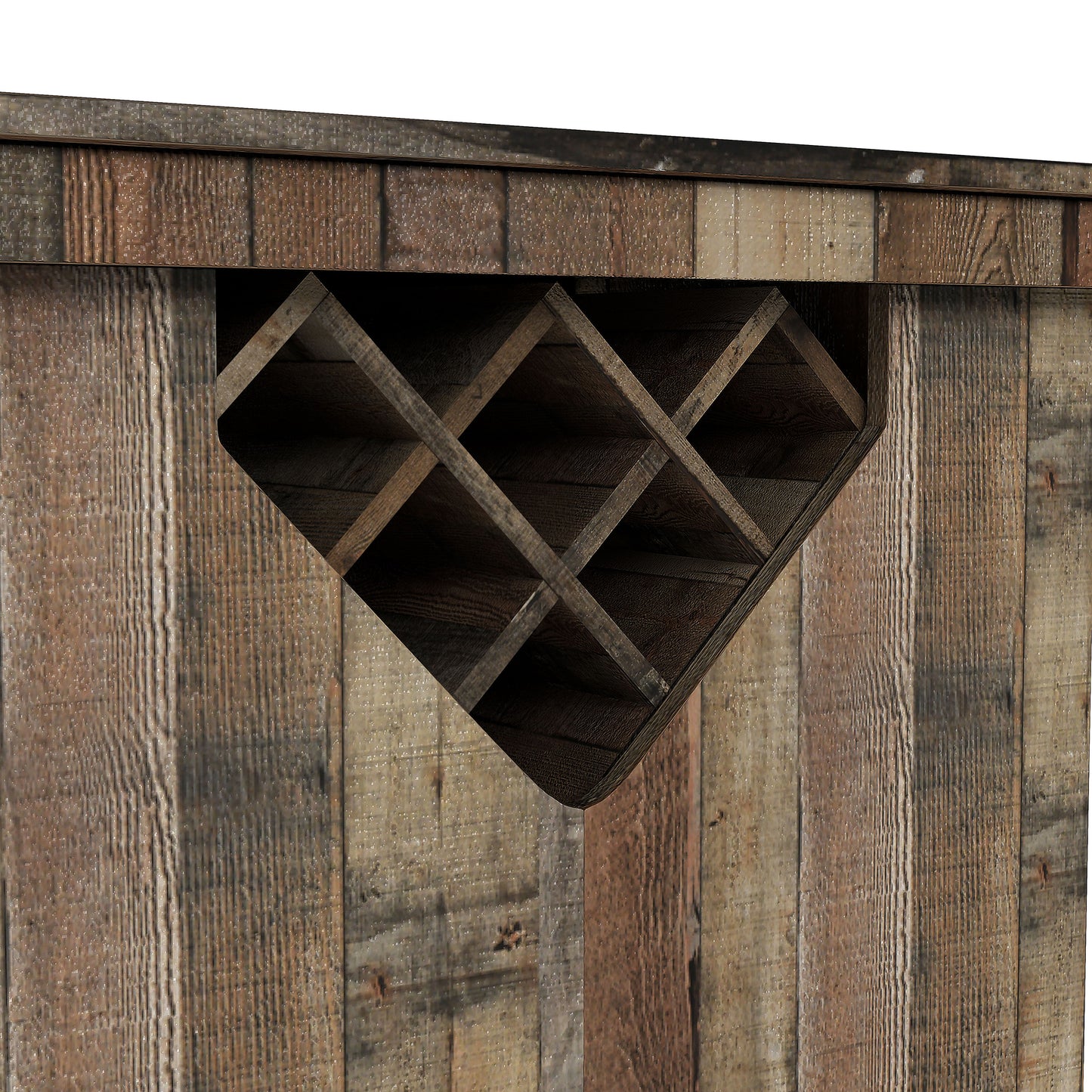 Right angled wine rack close-up view of a farmhouse reclaimed barnwood eight-bottle home bar with a footrest on a white background