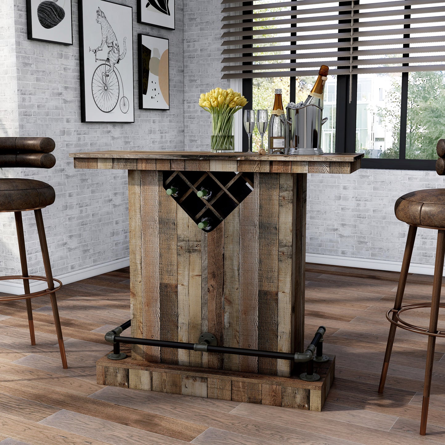 Left angled farmhouse reclaimed barnwood eight-bottle home bar with a footrest in a dining room with accessories