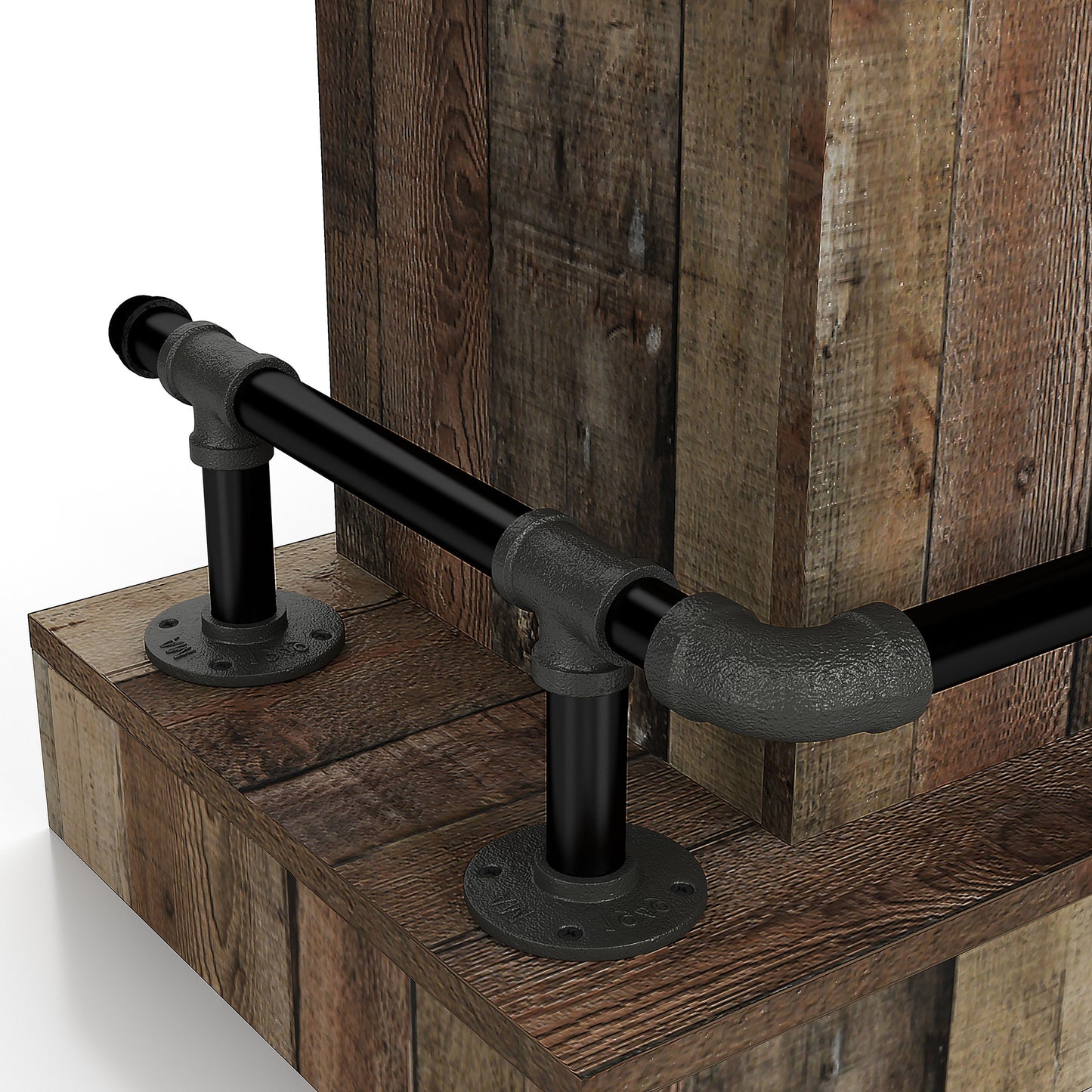 Right angled base close-up view of a farmhouse reclaimed barnwood eight-bottle home bar with a footrest on a white background