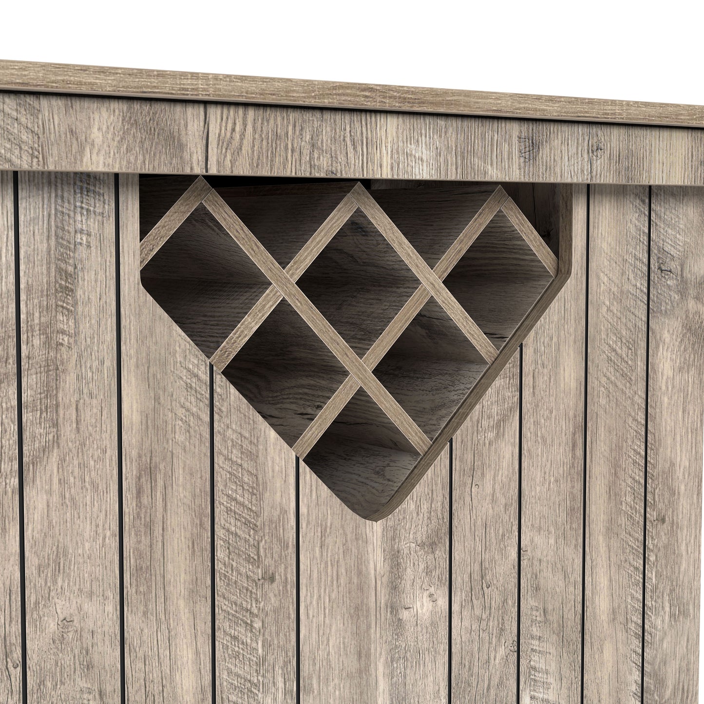 Right angled wine rack close-up view of a farmhouse weathered oak eight-bottle home bar with a footrest on a white background