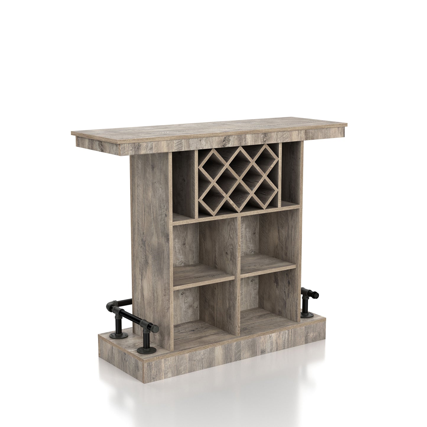 Right angled backside base close-up view of a farmhouse weathered oak eight-bottle home bar with a footrest on a white background