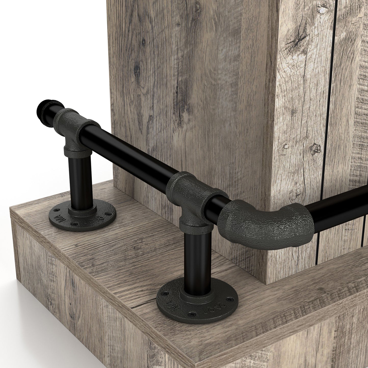 Right angled base close-up view of a farmhouse weathered oak eight-bottle home bar with a footrest on a white background