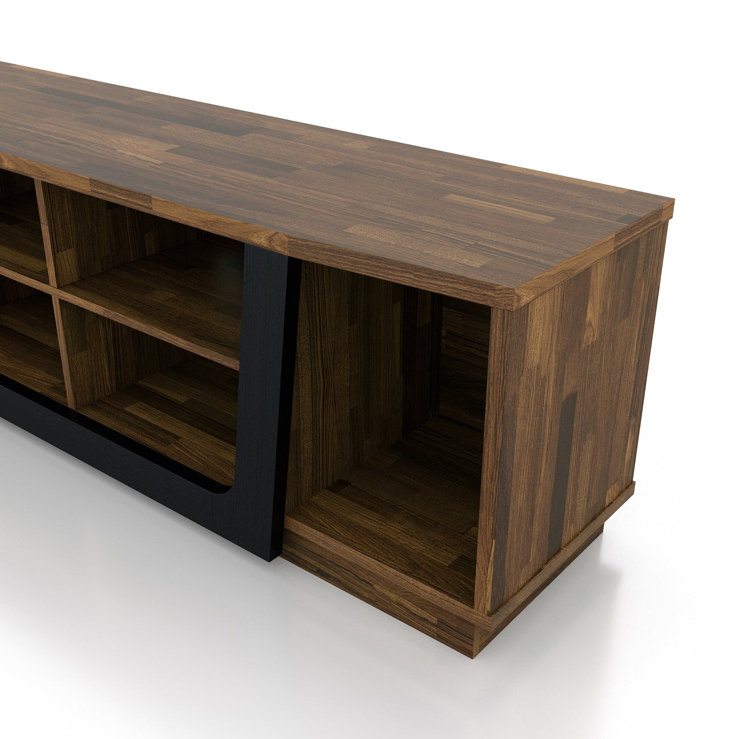 Left angled close-up view of a contemporary light hickory and black six-shelf TV stand on a white background