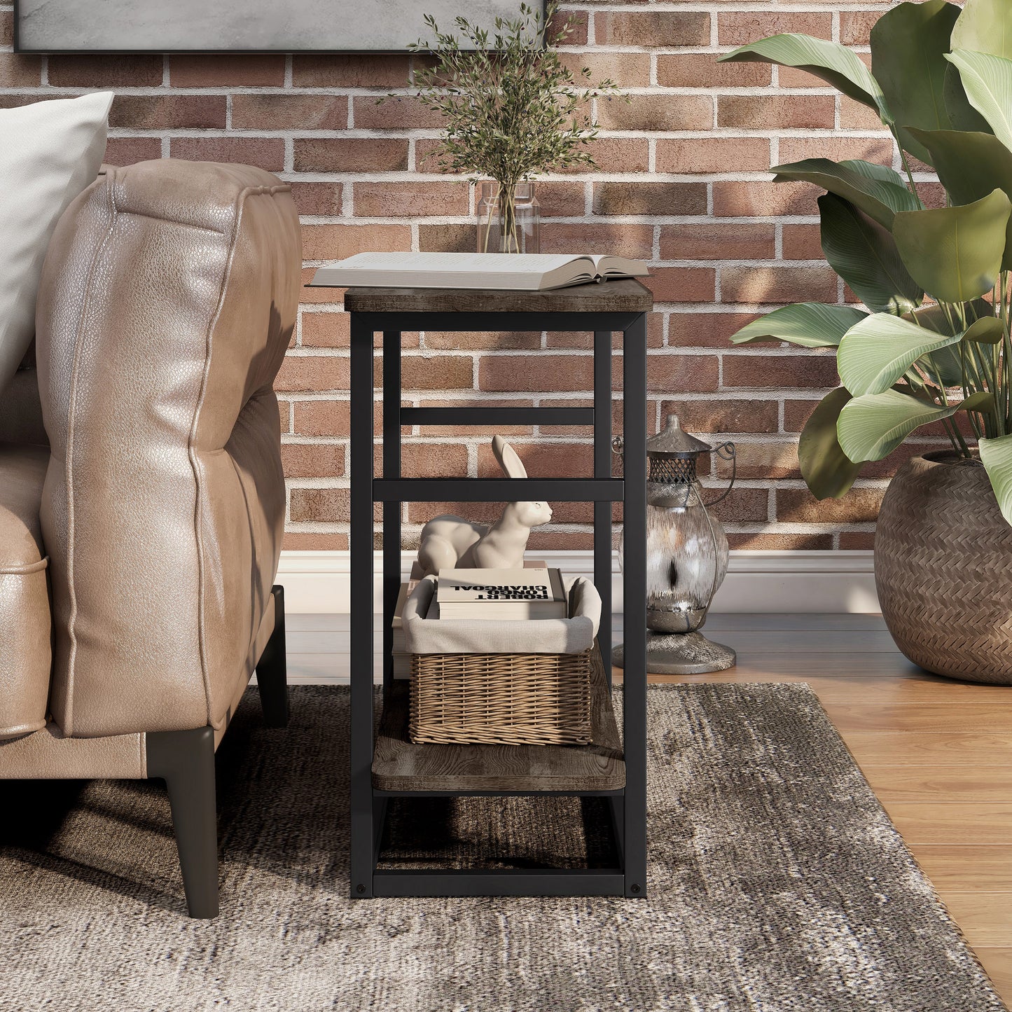 Front-facing industrial reclaimed oak one-shelf long side table in a living room with accessories