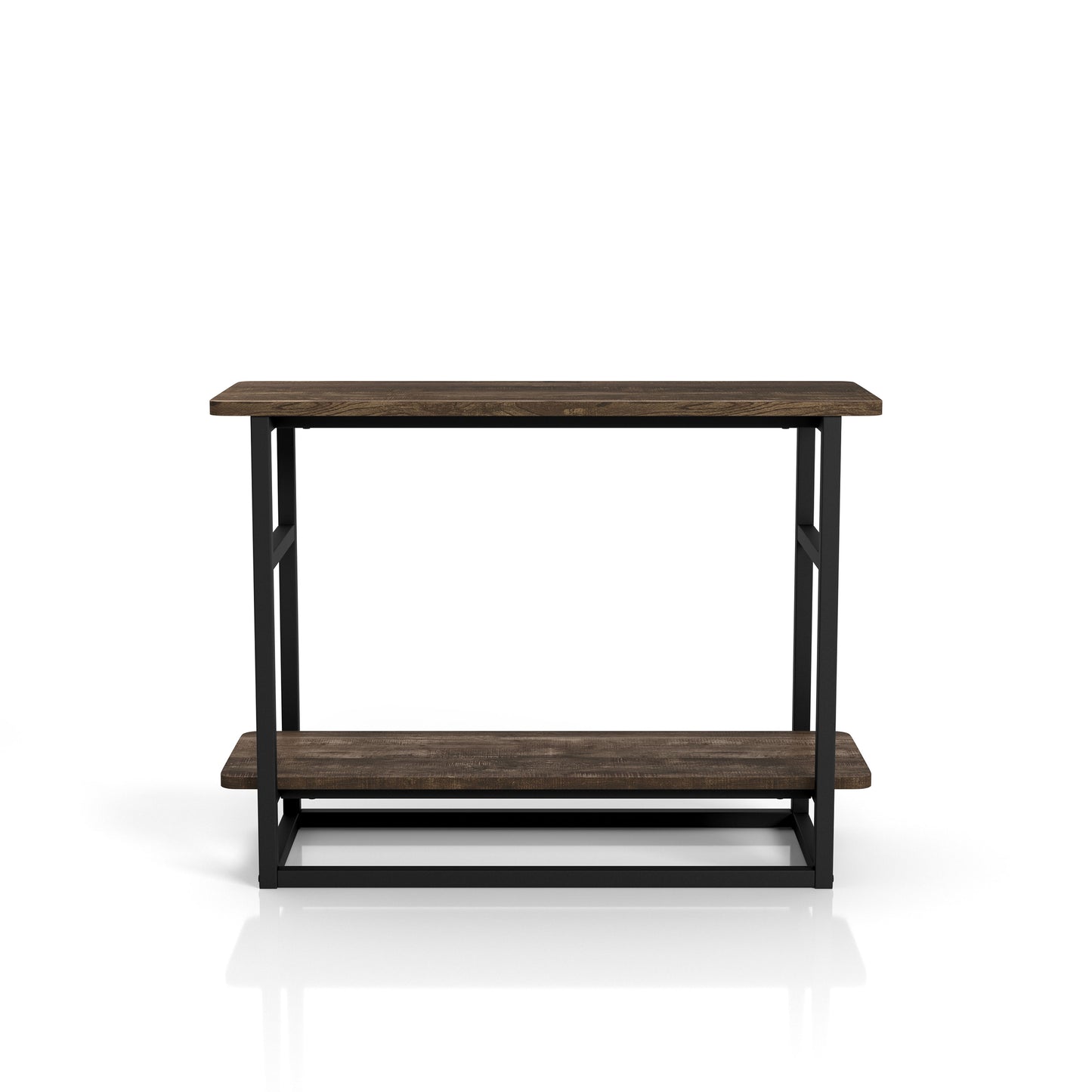 Front-facing side view of a industrial reclaimed oak one-shelf long side table on a white background