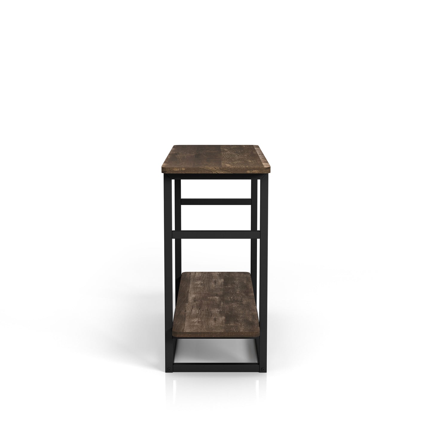 Front-facing industrial reclaimed oak one-shelf long side table on a white background