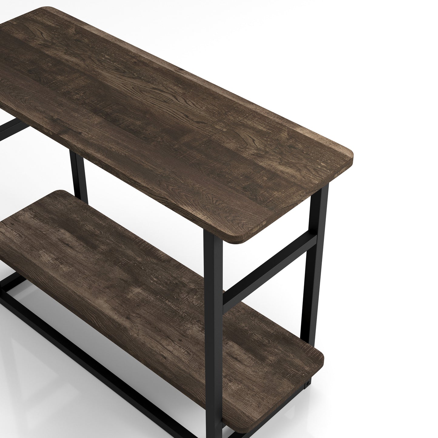 Left angled close-up bird's eye view of an industrial reclaimed oak one-shelf long side table in a living room with accessories