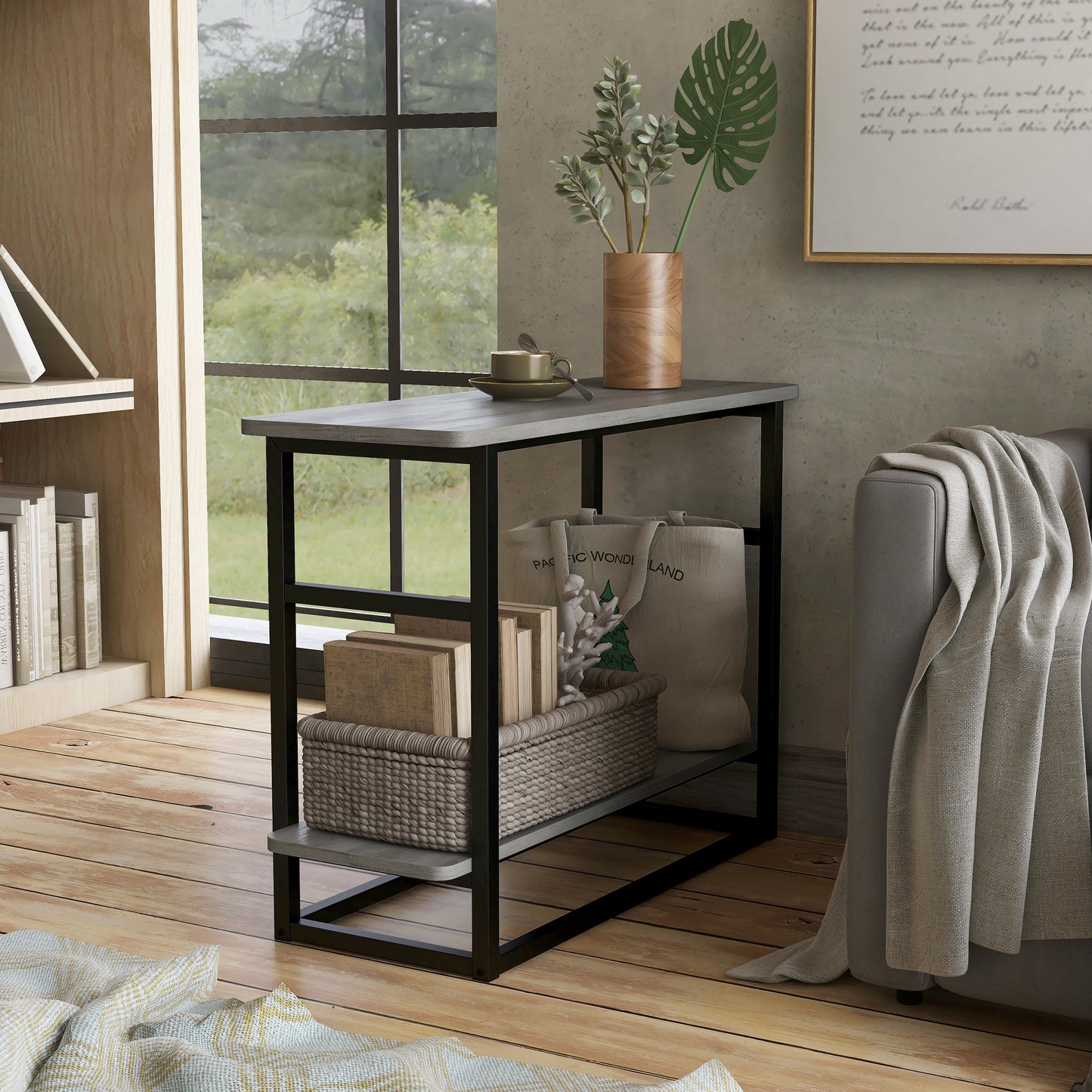 Left angled industrial vintage gray oak one-shelf long side table in a living room with accessories