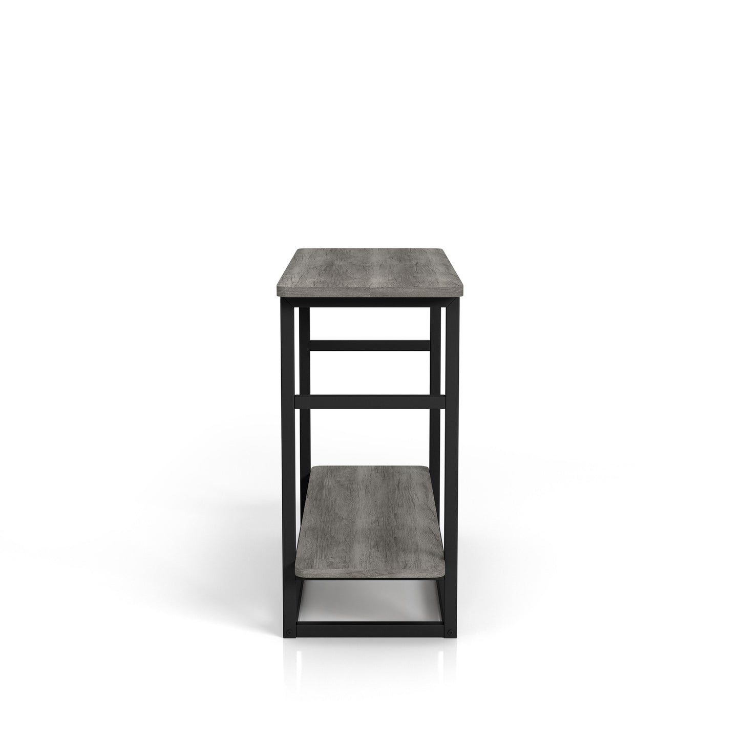 Front-facing side view of a industrial vintage gray oak one-shelf long side table on a white background