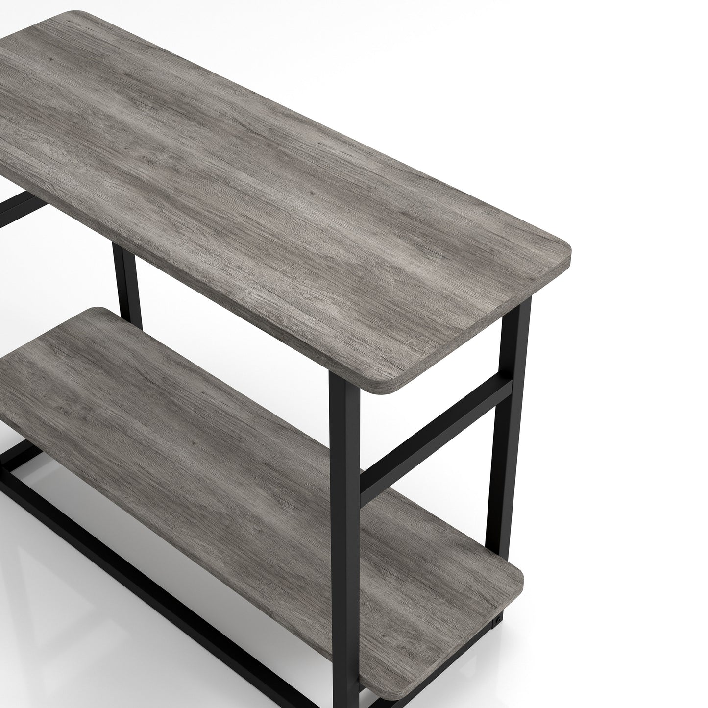 Left angled close-up bird's eye view of an industrial vintage gray oak one-shelf long side table in a living room with accessories