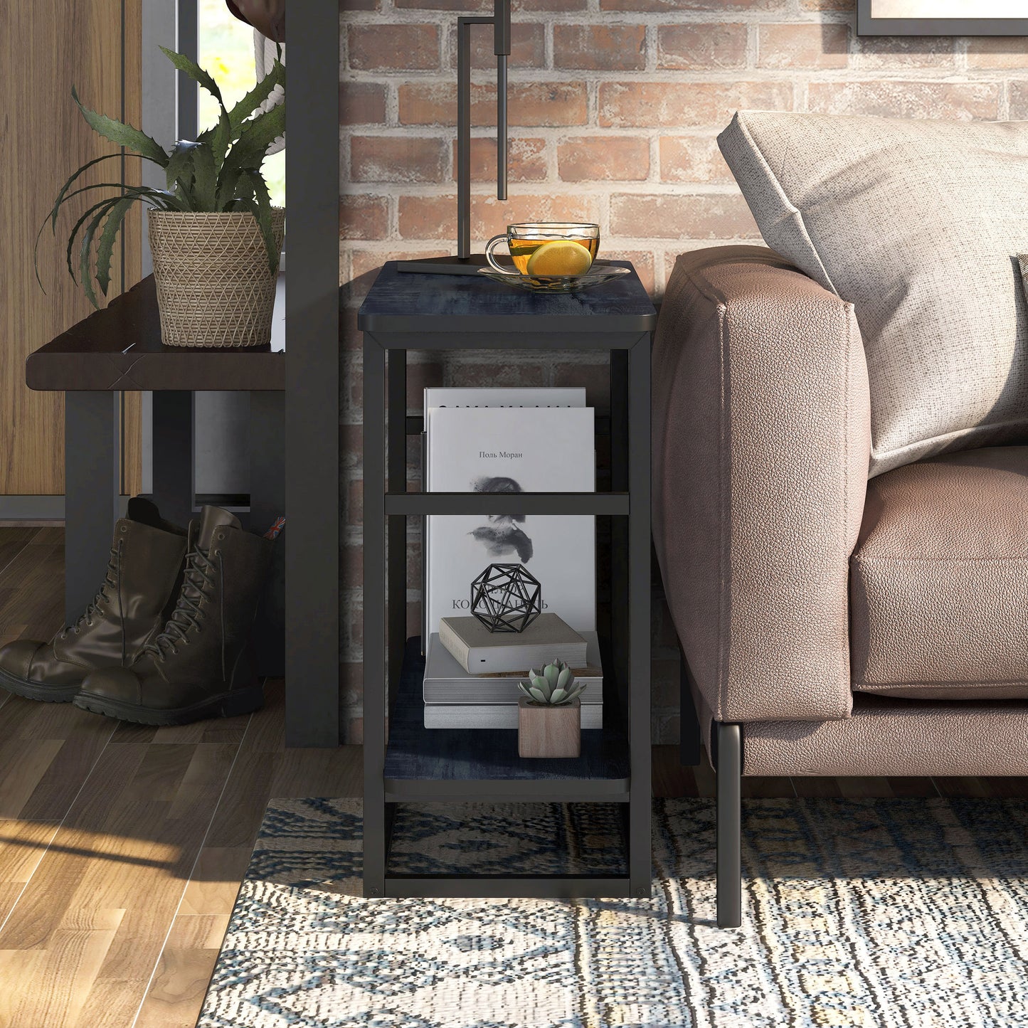 Front-facing industrial rustic navy blue one-shelf long side table in a living room with accessories