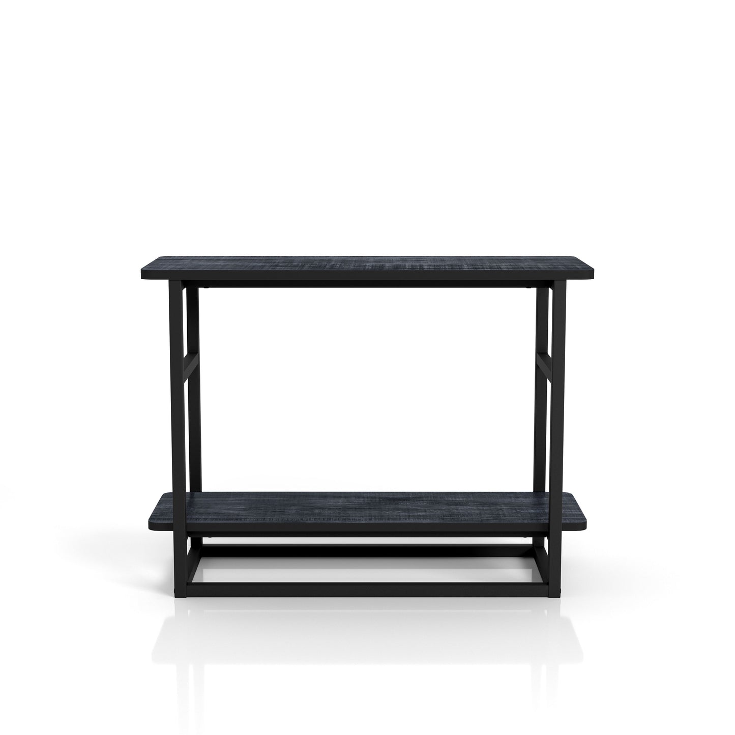 Front-facing industrial rustic navy blue one-shelf long side table on a white background