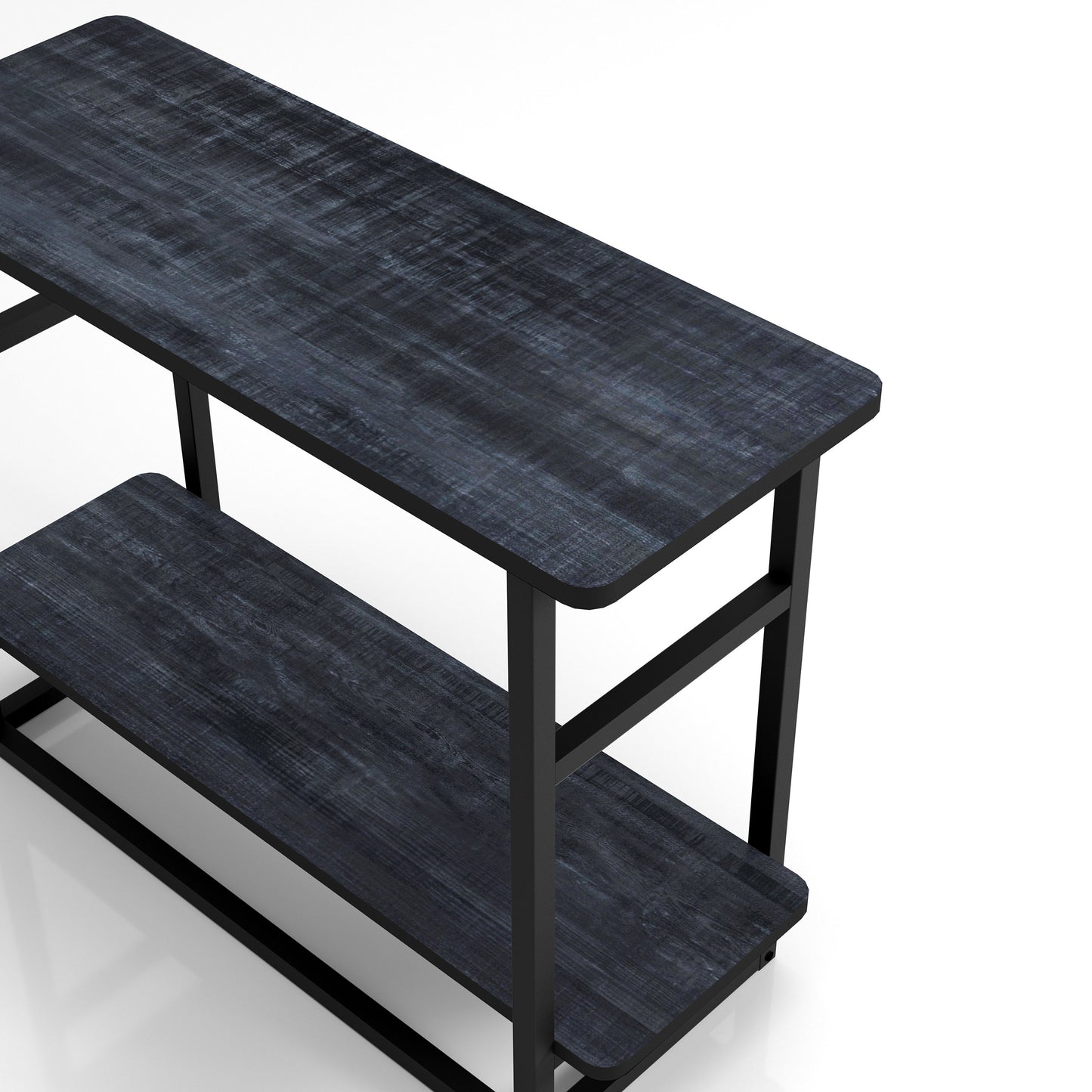 Left angled close-up bird's eye view of an industrial rustic navy blue one-shelf long side table in a living room with accessories