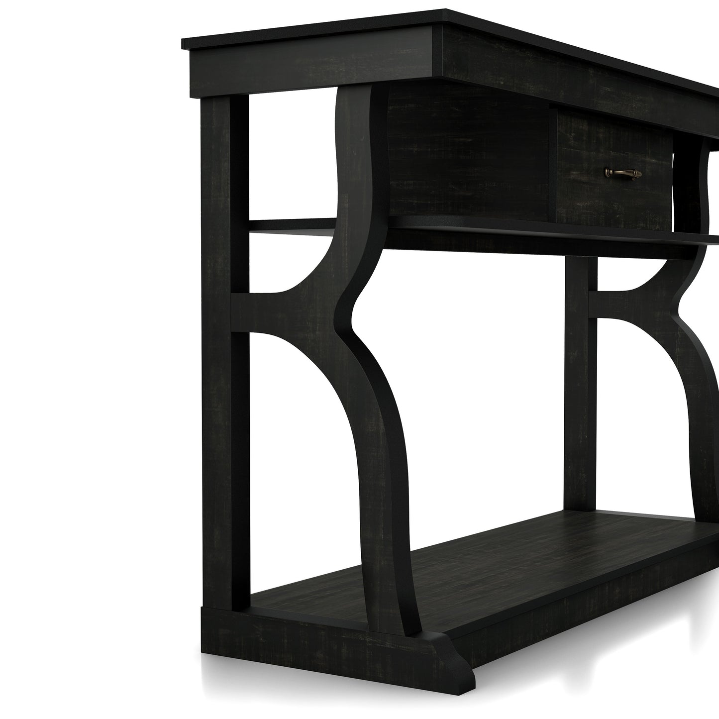 Right angled farmhouse reclaimed black oak three-shelf storage console table with a drawer on a white background