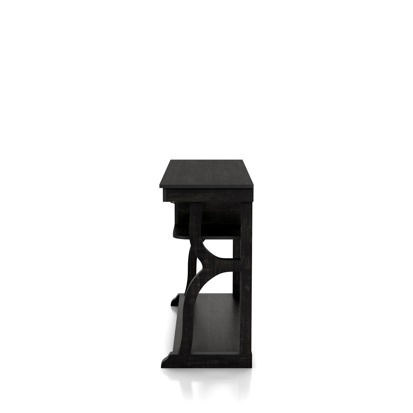 Front-facing side view of a farmhouse reclaimed black oak three-shelf storage console table with a drawer on a white background