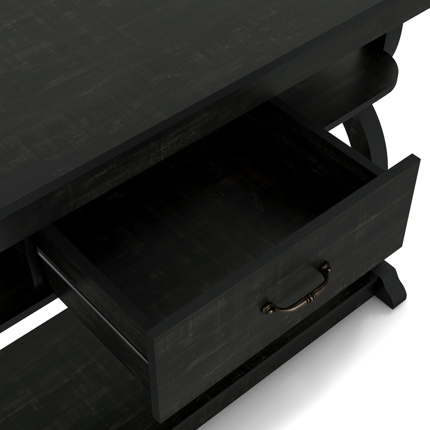Right angled bird's eye close-up view of a farmhouse reclaimed black oak three-shelf storage console table with a drawer open on a white background