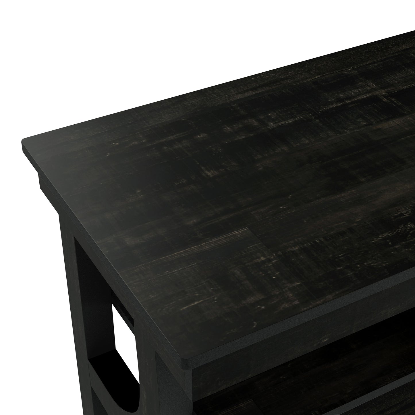 Right angled tabletop close-up view of a farmhouse reclaimed black oak three-shelf storage console table with a drawer on a white background