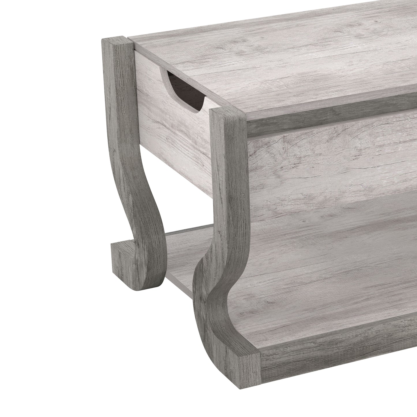 Right angled close-up view of a transitional coastal white lift-top coffee table with storage on a white background