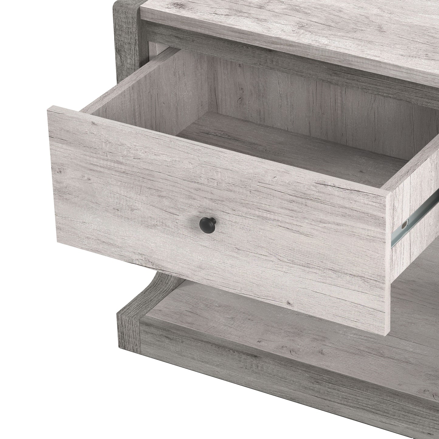 Left angled close-up view of a transitional coastal white one-drawer side table with a shelf and drawer open on a white background