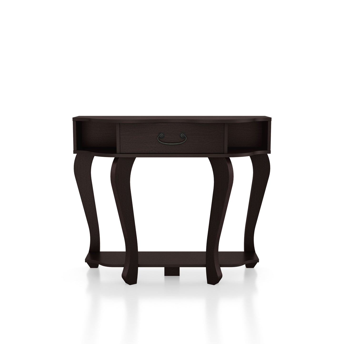 Front-facing transitional espresso one-drawer curvy storage console table on a white background