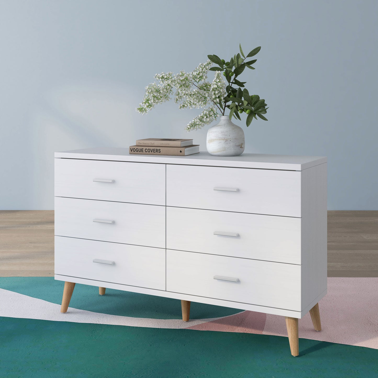 Scandinavian White 6-drawer Dresser with Bar Pulls