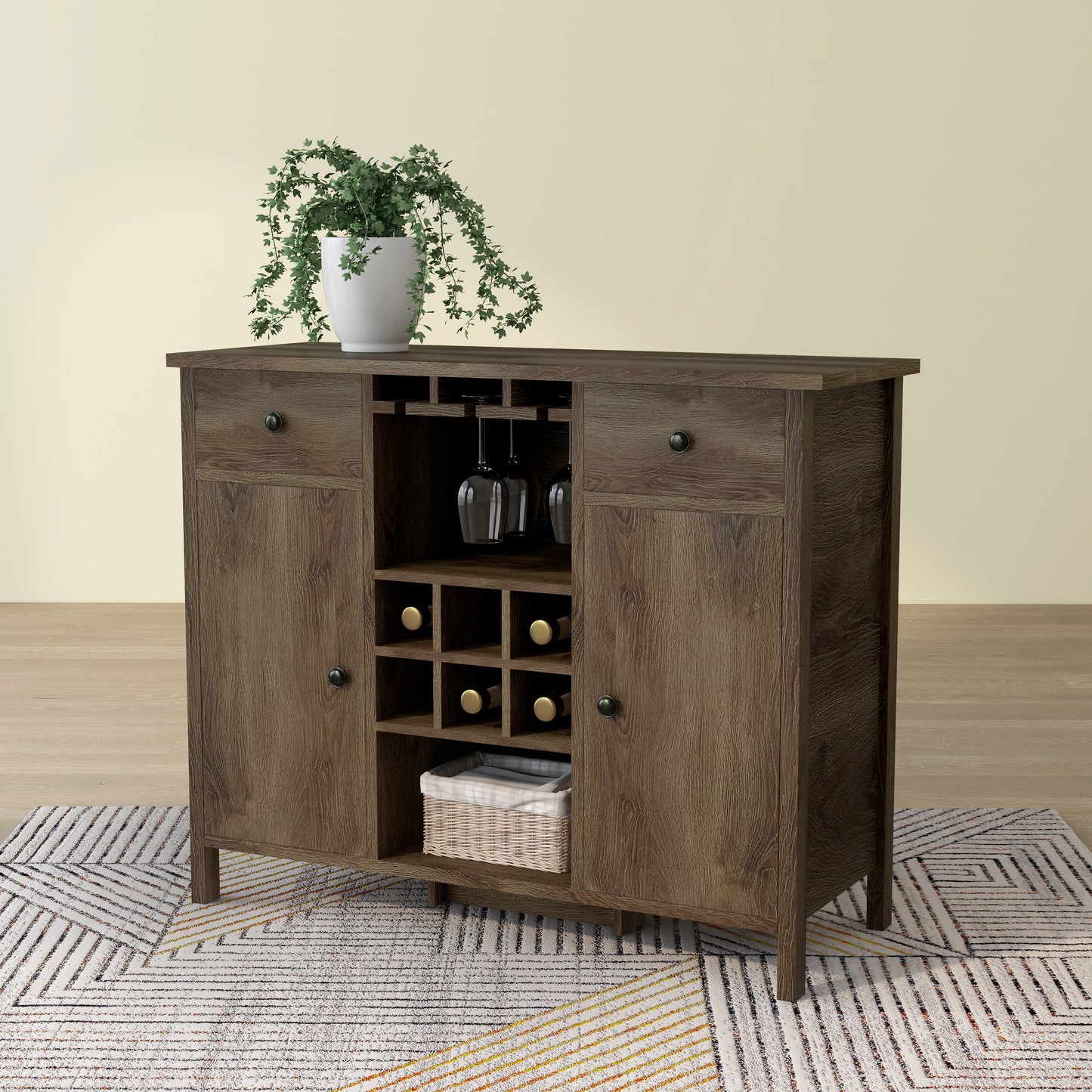 Rustic Distressed Walnut 42" Buffet with Wine Grid