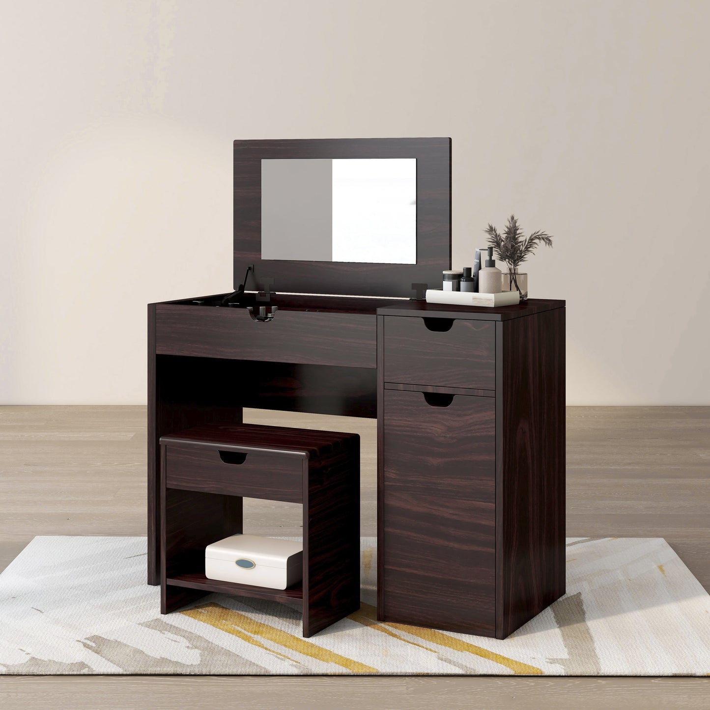Modern Walnut 36" Storage Vanity and Stool Set