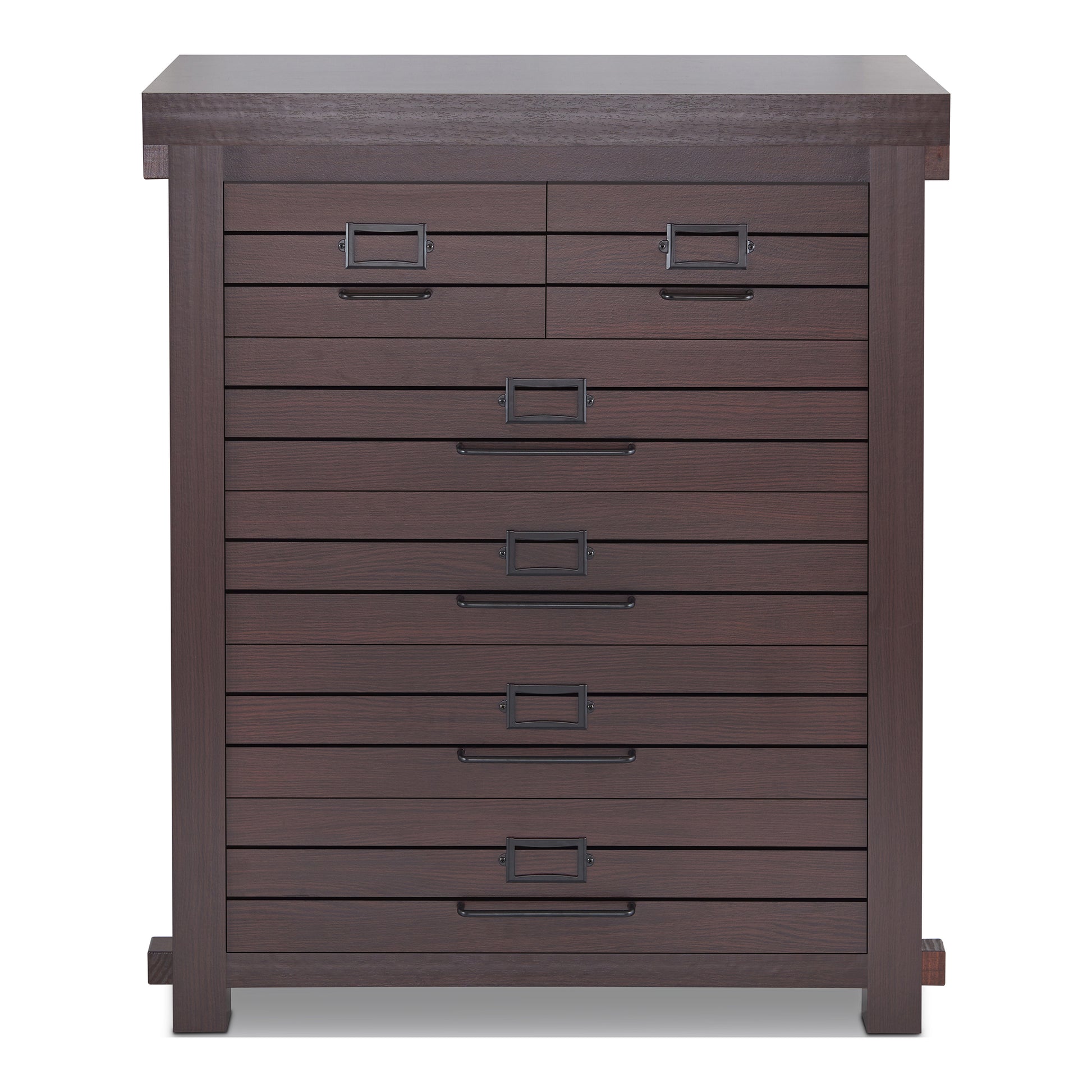 Front-facing rustic espresso six-drawer plank chest dresser on a white background